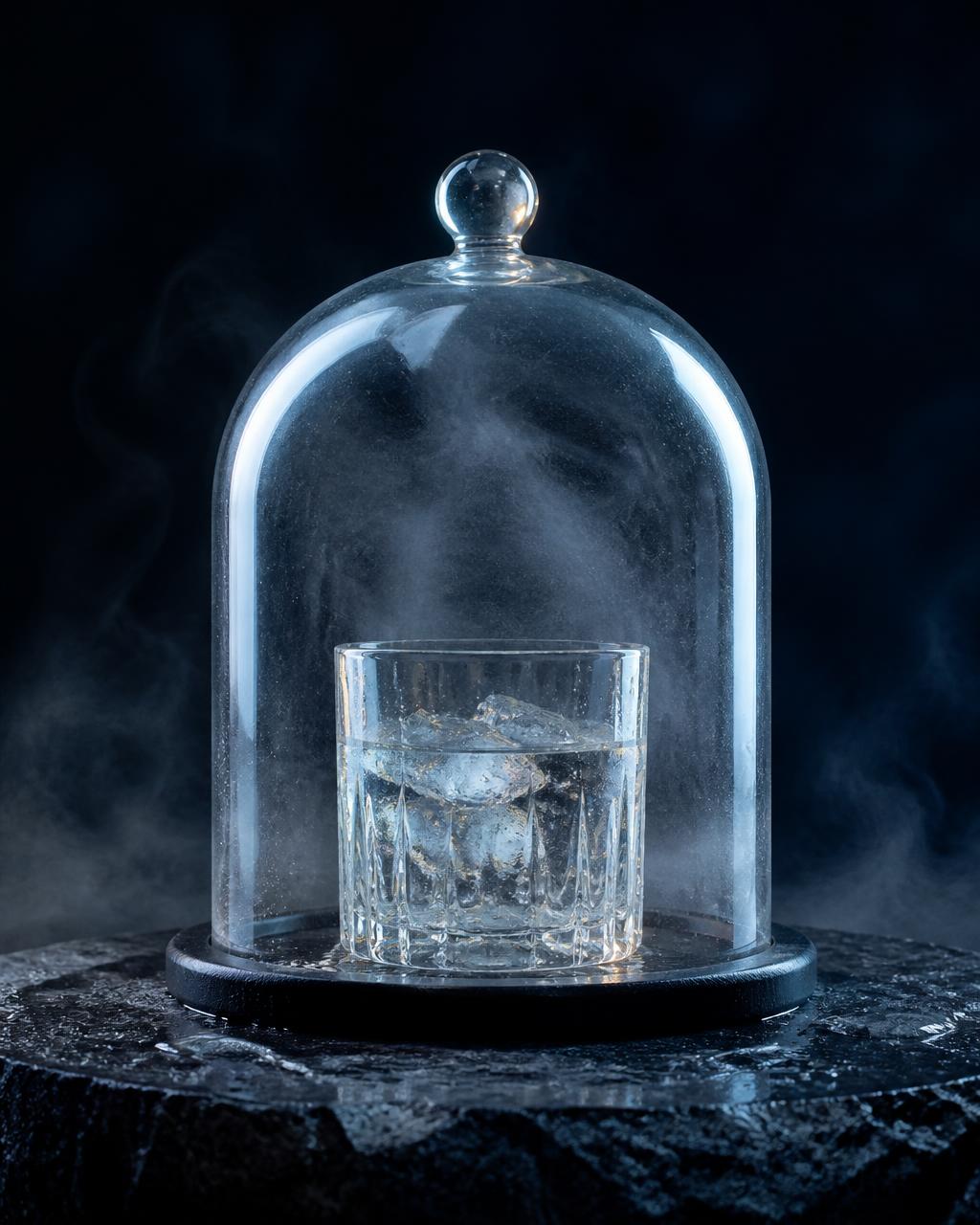 Kylt vodkaglas under en glaskupa