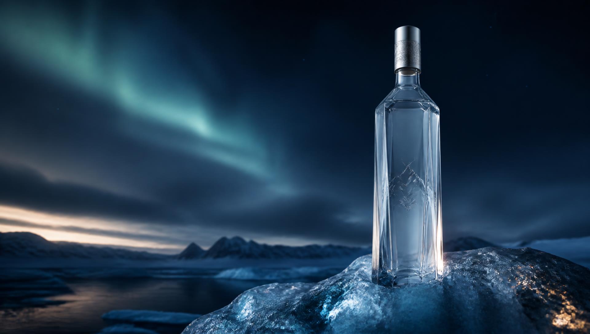 Arqtic Vodkas höga klara kristallflaska på glaciäris under norrsken